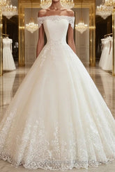 Ball Gown Off-the-Shoulder Floor-Length Tulle Wedding Dresses With Appliques Lace